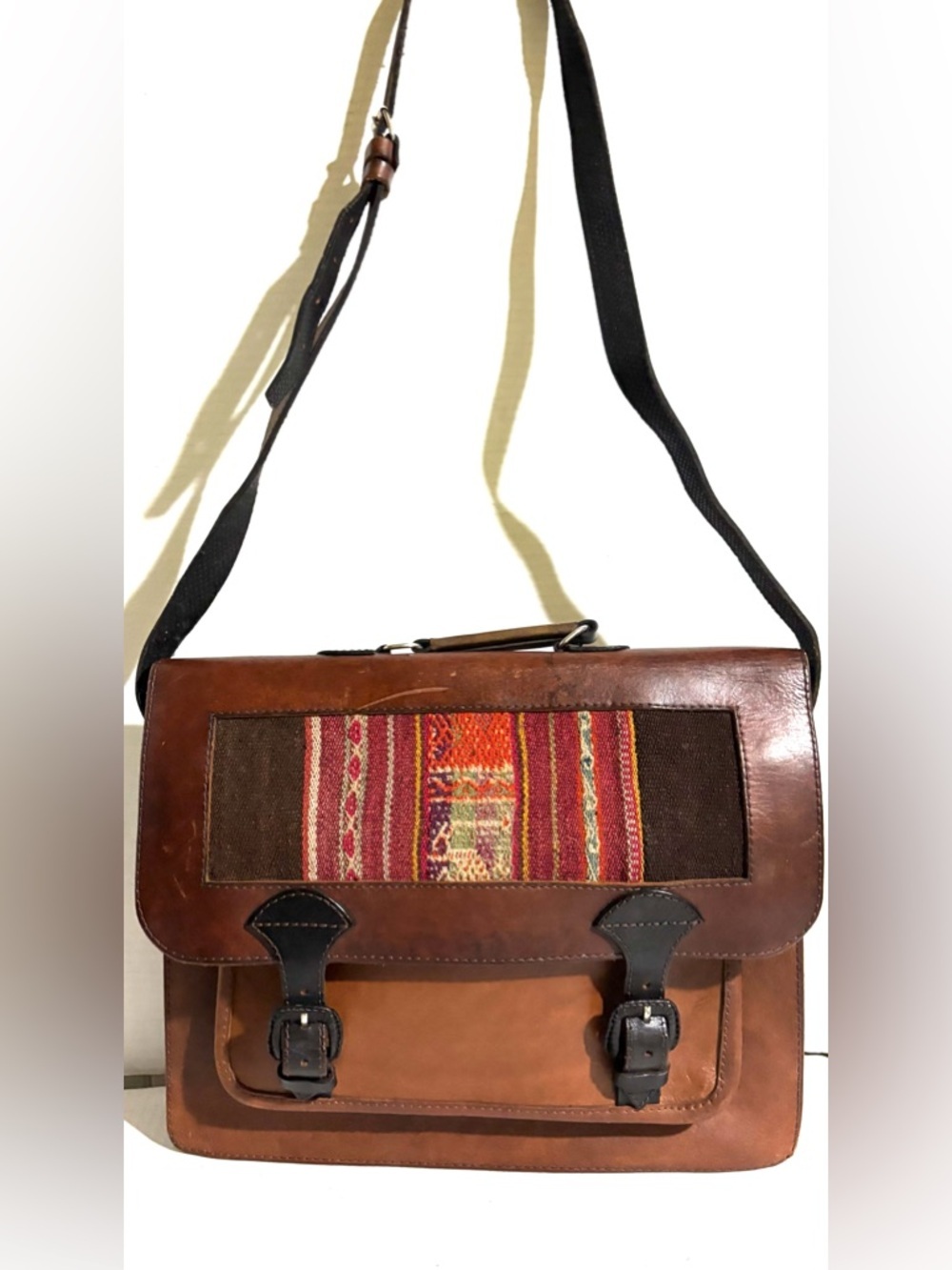 Vintage unisex Brown Leather Messenger Bag with Multicolor Woven Panel